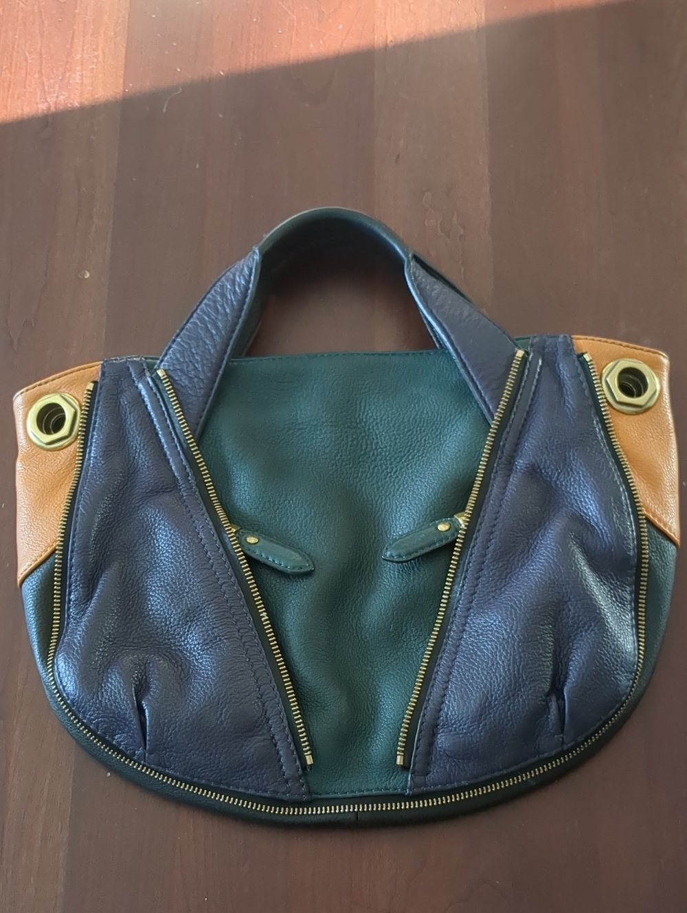 orYANY Leather Mixed-Color Hobo Bag - Green, Navy & Tan